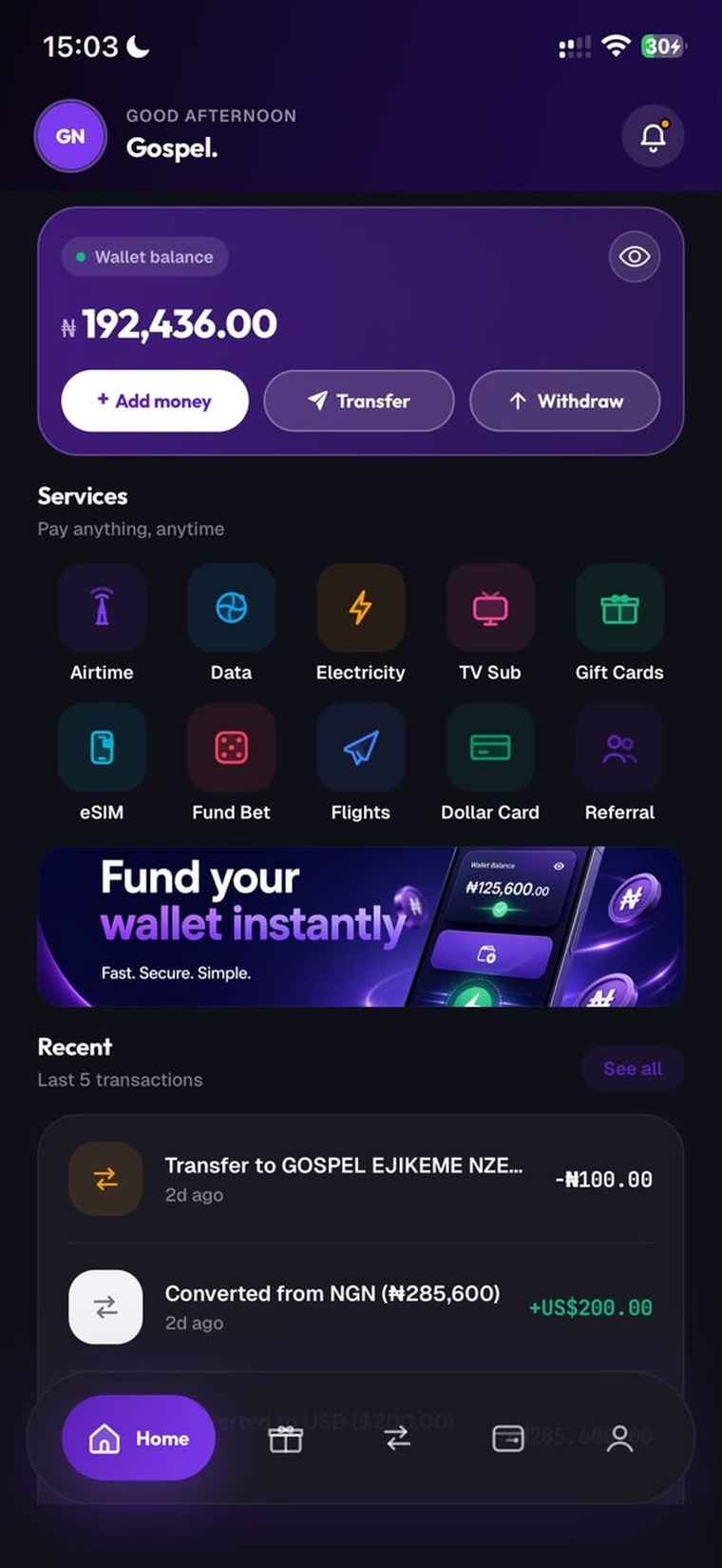 The Peyaa app home screen showing wallet balance and payment services